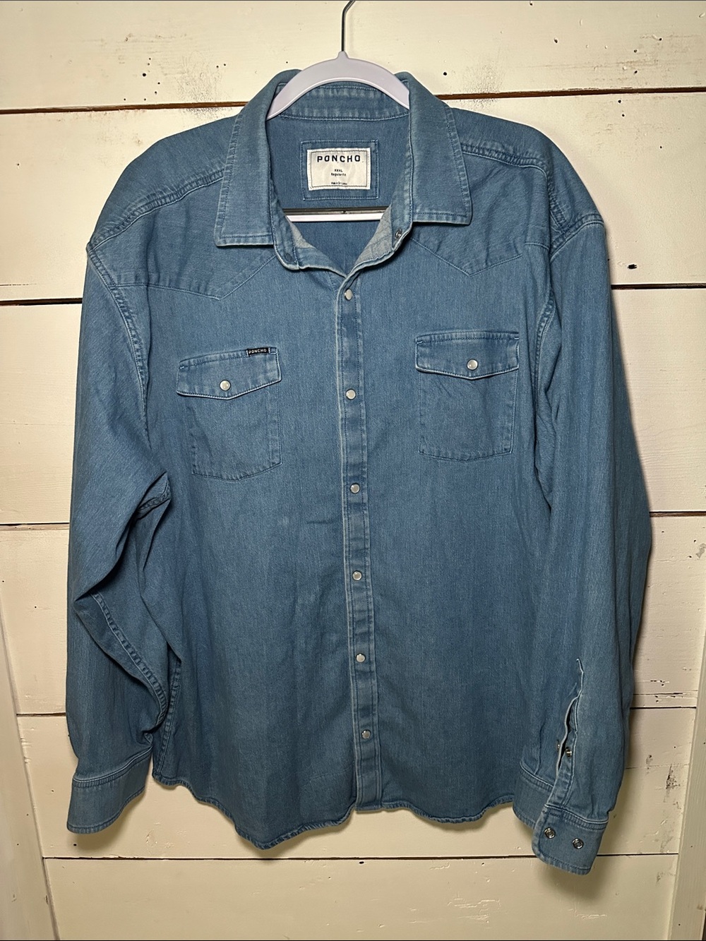 Poncho The Fort Davis Mens 3XL Denim Pearl Snap Blue Chambray Western Shirt